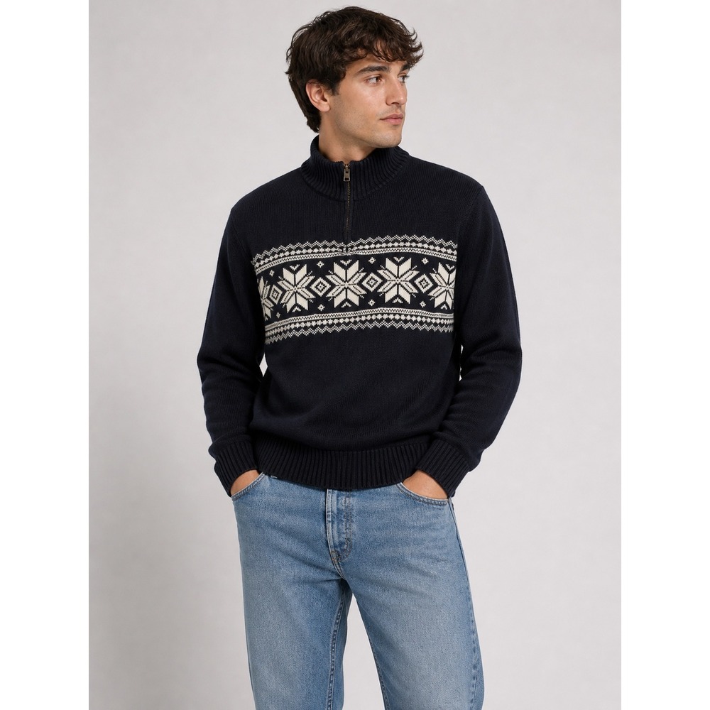 Polo Jeans Co Ralph Lauren Mens Large Navy Fair Snowflake‎ Quarter Zip Sweater